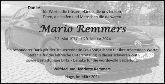 Traueranzeige von Mario Remmers von Ostfriesischer Kurier GmbH