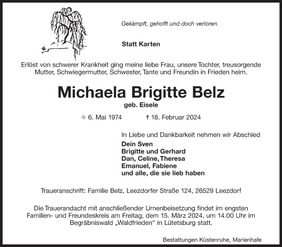 Traueranzeige von Michaela Brigitte Belz von Ostfriesischer Kurier GmbH