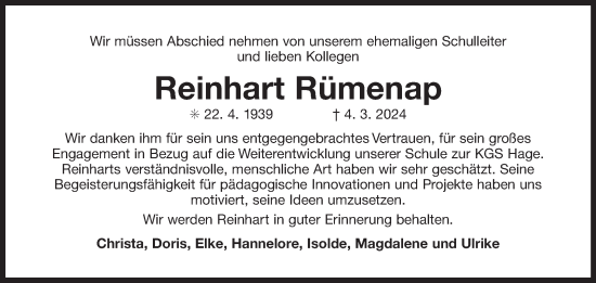 Traueranzeige von Reinhart Rümenap von Ostfriesischer Kurier GmbH