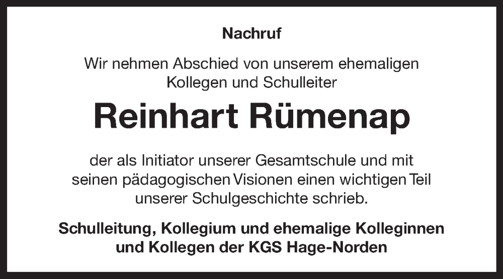  Traueranzeige für Reinhart Rümenap vom 14.03.2024 aus Ostfriesischer Kurier GmbH