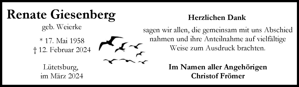  Traueranzeige für Renate Giesenberg vom 09.03.2024 aus Ostfriesischer Kurier GmbH