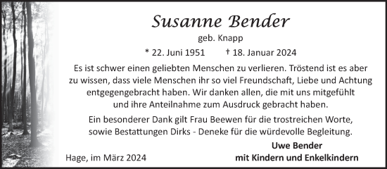 Traueranzeige von Susanne Bender von Ostfriesischer Kurier GmbH
