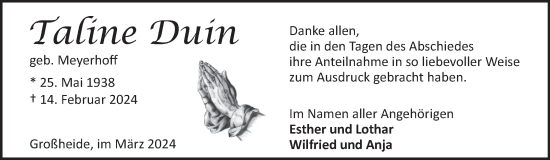 Traueranzeige von Taline Duin von Ostfriesischer Kurier GmbH