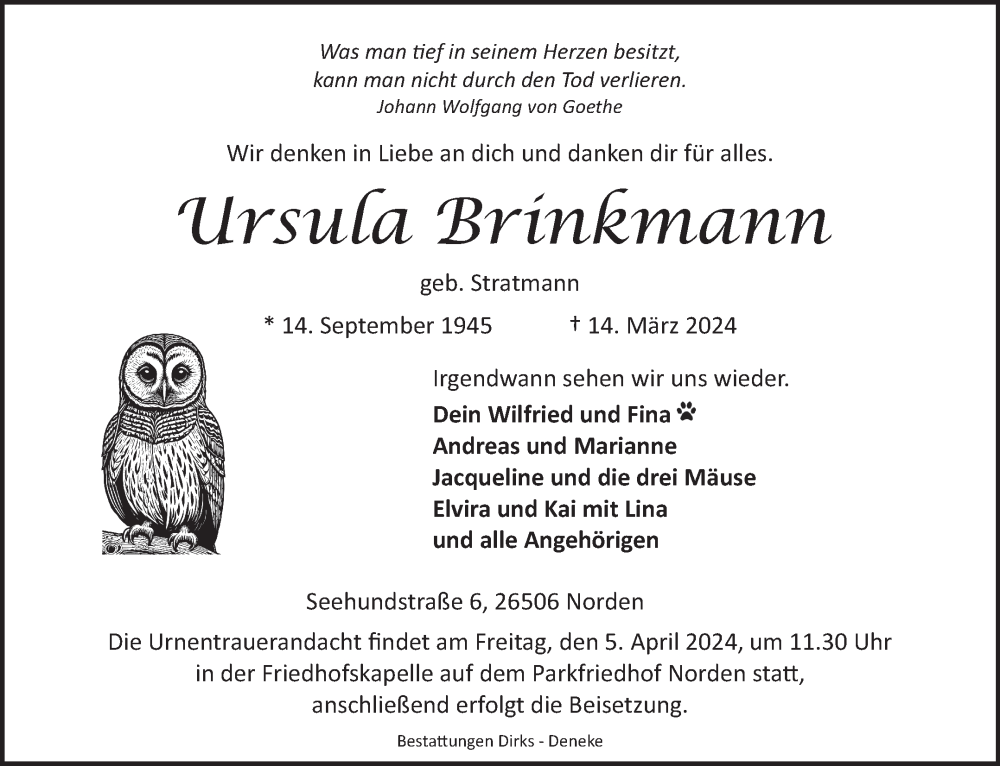  Traueranzeige für Ursula Brinkmann vom 19.03.2024 aus Ostfriesischer Kurier GmbH