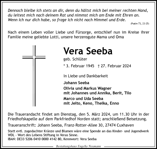 Traueranzeige von Vera Seeba von Ostfriesischer Kurier GmbH
