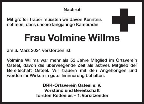 Traueranzeige von Volmine Willms von Ostfriesischer Kurier GmbH