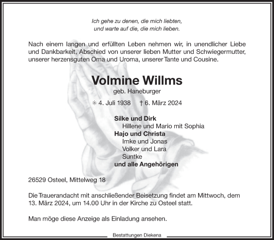 Traueranzeige von Volmine Willms von Ostfriesischer Kurier GmbH
