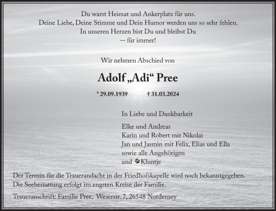 Traueranzeige von Adolf Pree von Ostfriesischer Kurier GmbH