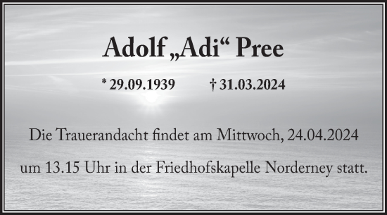 Traueranzeige von Adolf Pree von Ostfriesischer Kurier GmbH
