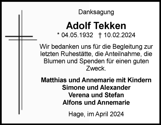 Traueranzeige von Adolf Tekken von Ostfriesischer Kurier GmbH