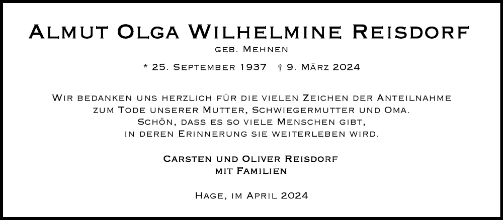  Traueranzeige für Almut Reisdorf vom 20.04.2024 aus Ostfriesischer Kurier GmbH