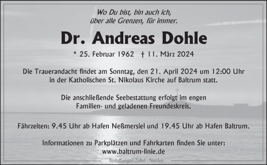 Traueranzeige von Andreas Dohle von Ostfriesischer Kurier GmbH