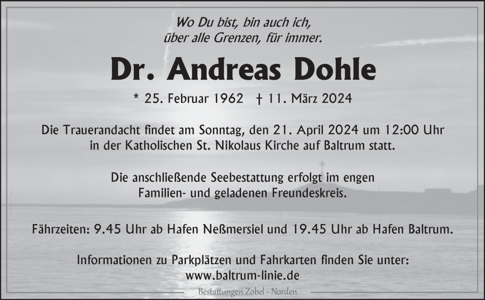  Traueranzeige für Andreas Dohle vom 06.04.2024 aus Ostfriesischer Kurier GmbH