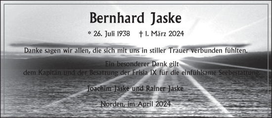 Traueranzeige von Bernhard Jaske von Ostfriesischer Kurier GmbH