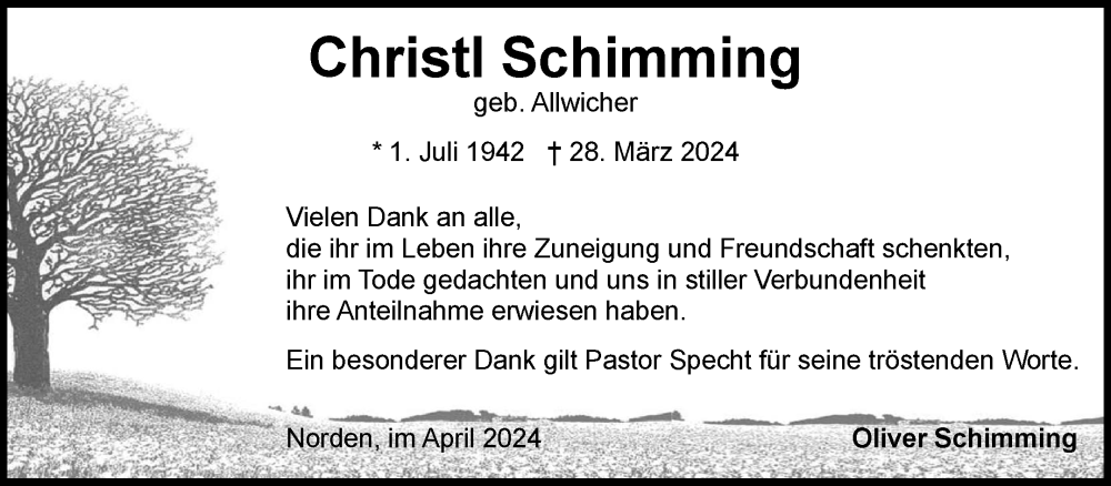  Traueranzeige für Christi Schimming vom 27.04.2024 aus Ostfriesischer Kurier GmbH