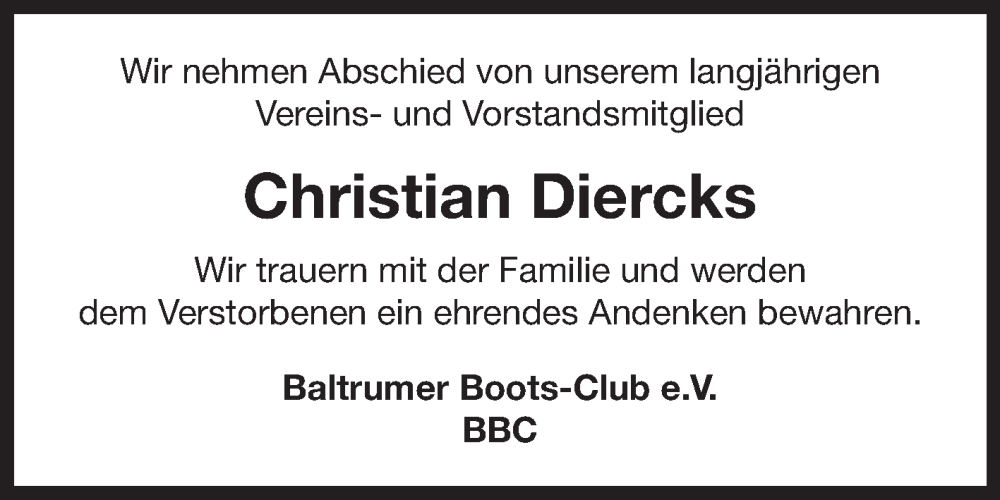  Traueranzeige für Christian Diercks vom 22.04.2024 aus Ostfriesischer Kurier GmbH