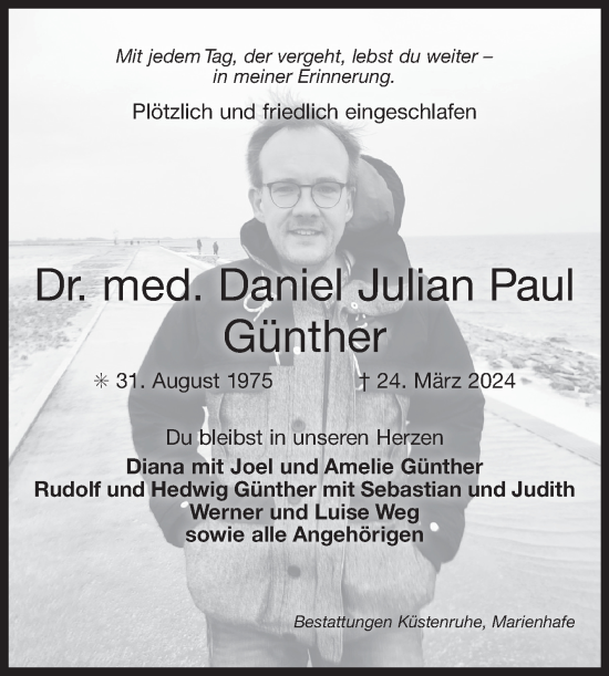 Traueranzeige von Daniel Julian Paul von Ostfriesischer Kurier GmbH