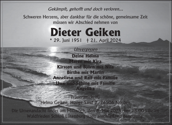 Traueranzeige von Dieter Geiken von Ostfriesischer Kurier GmbH
