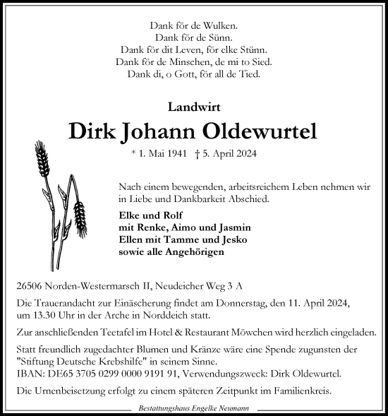 Traueranzeige von Dirk Johann Oldewurtel von Ostfriesischer Kurier GmbH