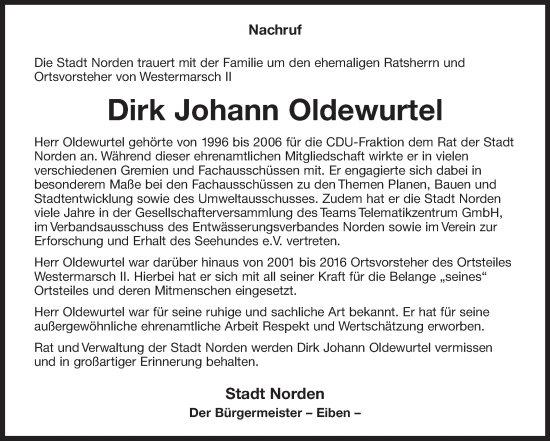 Traueranzeige von Dirk Johann Oldewurtel von Ostfriesischer Kurier GmbH