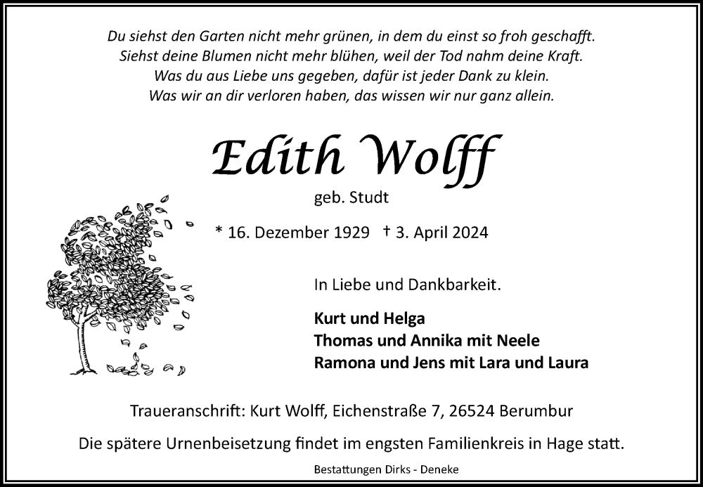  Traueranzeige für Edith Wolff vom 06.04.2024 aus Ostfriesischer Kurier GmbH