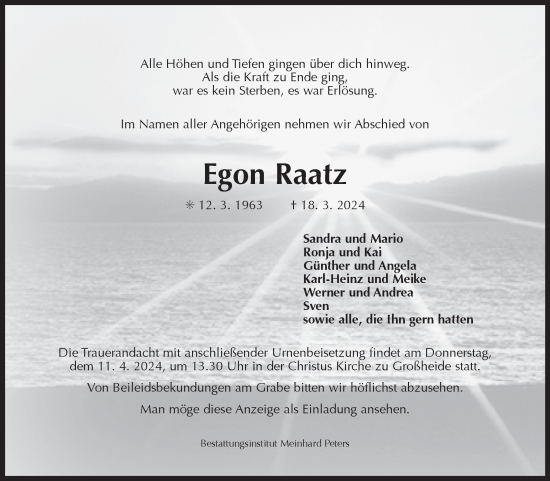 Traueranzeige von Egon Raatz von Ostfriesischer Kurier GmbH