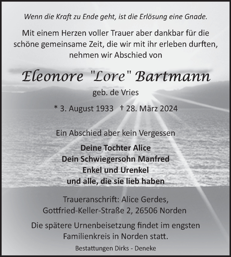  Traueranzeige für Eleonore Bartmann vom 06.04.2024 aus Ostfriesischer Kurier GmbH