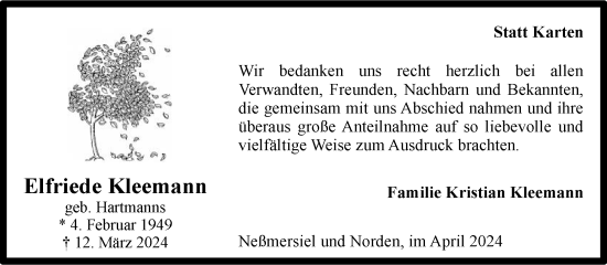 Traueranzeige von Elfriede Kleemann von Ostfriesischer Kurier GmbH
