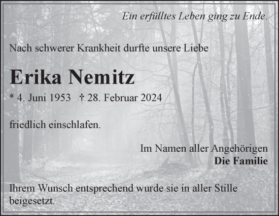 Traueranzeige von Erika Nemitz von Ostfriesischer Kurier GmbH
