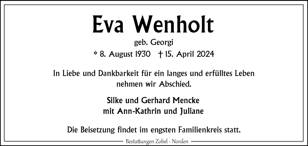  Traueranzeige für Eva Wenholt vom 20.04.2024 aus Ostfriesischer Kurier GmbH