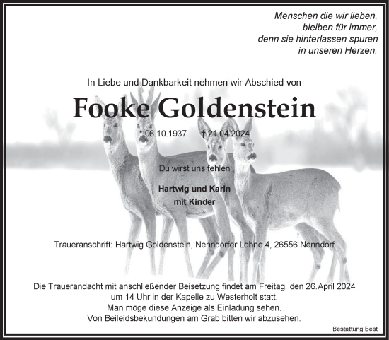 Traueranzeige von Fooke Goldenstein von Ostfriesischer Kurier GmbH
