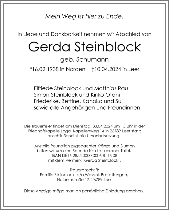 Traueranzeige von Gerda Steinblock von Ostfriesischer Kurier GmbH