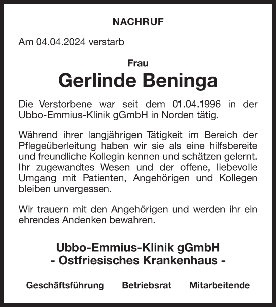 Traueranzeige von Gerlinde Beninga von Ostfriesischer Kurier GmbH