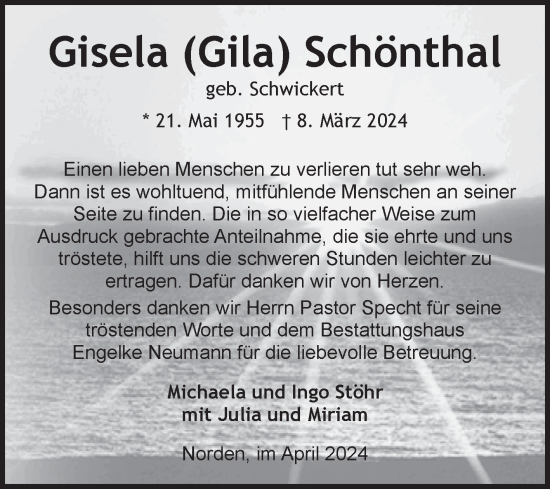 Traueranzeige von Gisela Schönthal von Ostfriesischer Kurier GmbH