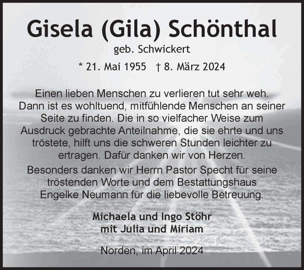  Traueranzeige für Gisela Schönthal vom 13.04.2024 aus Ostfriesischer Kurier GmbH