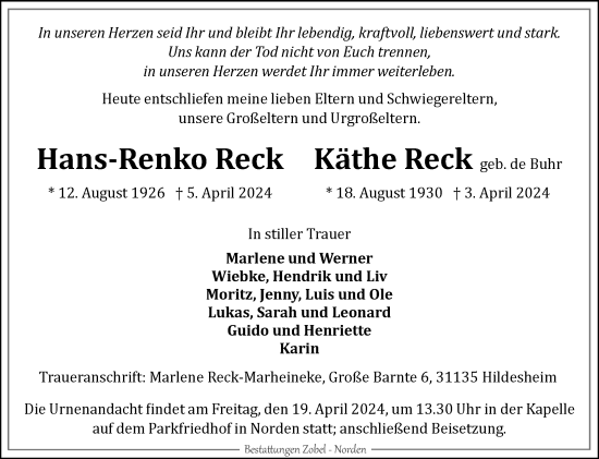 Traueranzeige von Hans-Renko Reck von Ostfriesischer Kurier GmbH