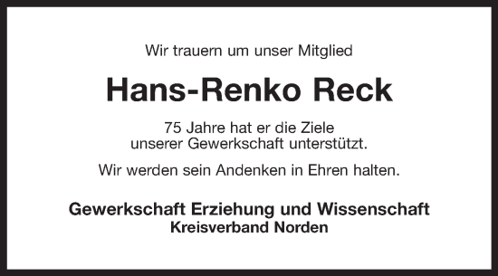 Traueranzeige von Hans-Renko Reck von Ostfriesischer Kurier GmbH