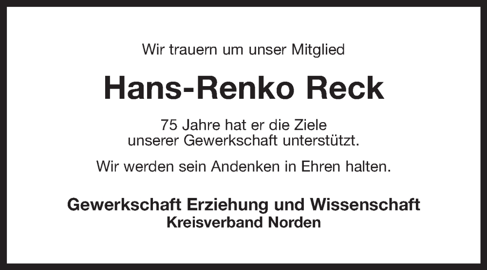  Traueranzeige für Hans-Renko Reck vom 20.04.2024 aus Ostfriesischer Kurier GmbH