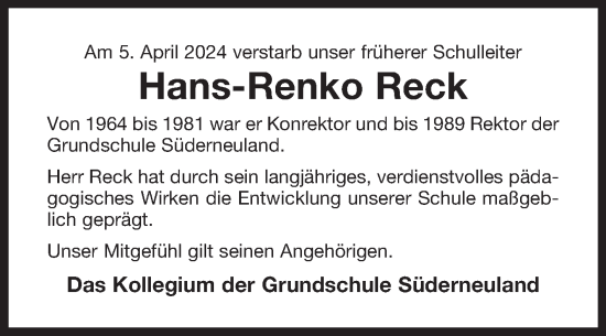 Traueranzeige von Hans-Renko Reck von Ostfriesischer Kurier GmbH