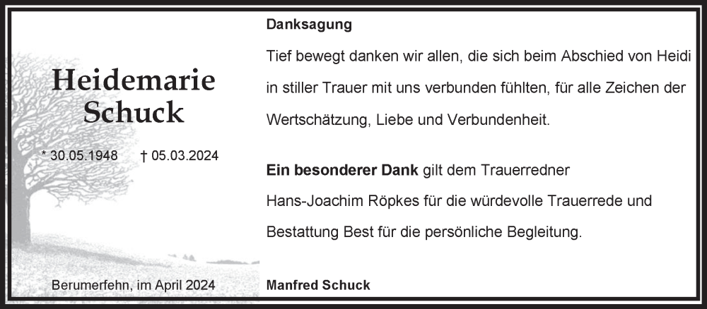  Traueranzeige für Heidemarie Schuck vom 27.04.2024 aus Ostfriesischer Kurier GmbH