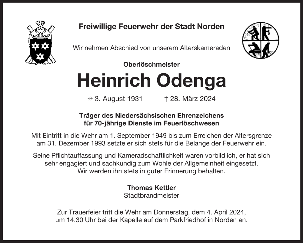  Traueranzeige für Heinrich Odenga vom 03.04.2024 aus Ostfriesischer Kurier GmbH