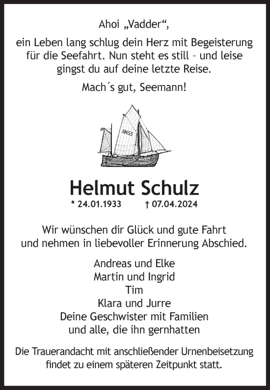 Traueranzeige von Helmut Schulz von Ostfriesischer Kurier GmbH