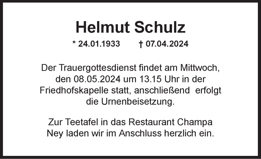  Traueranzeige für Helmut Schulz vom 25.04.2024 aus Ostfriesischer Kurier GmbH