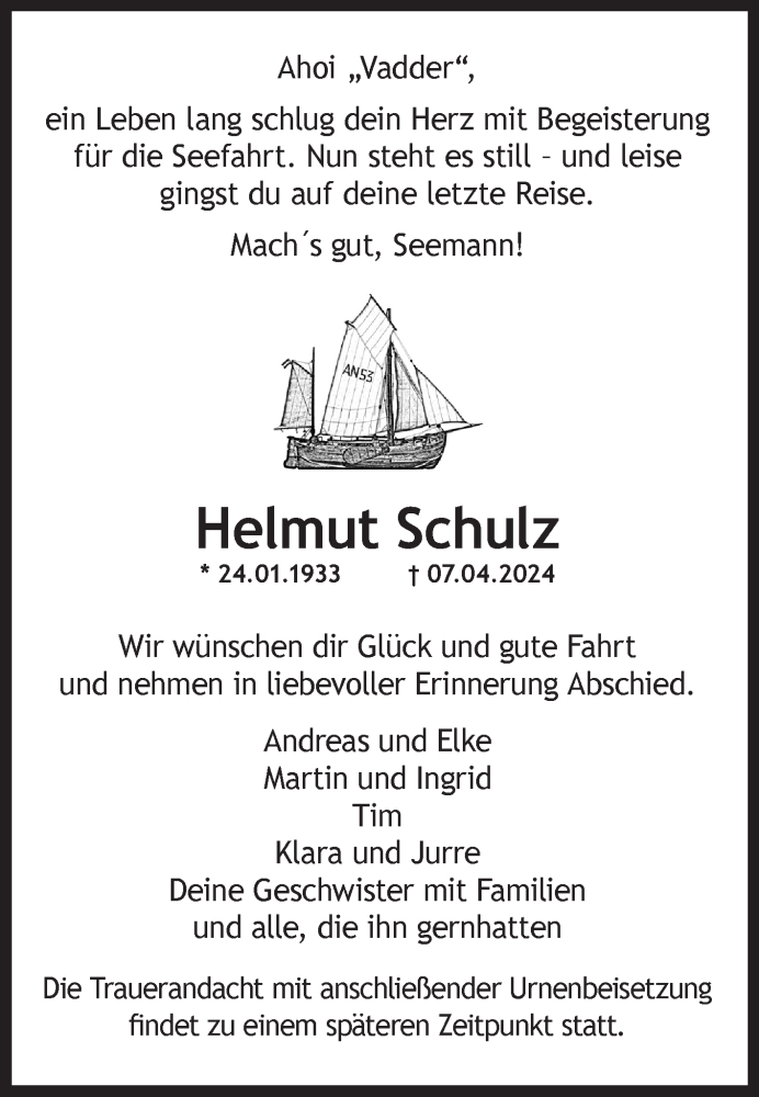  Traueranzeige für Helmut Schulz vom 17.04.2024 aus Ostfriesischer Kurier GmbH