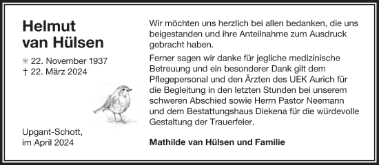 Traueranzeige von Helmut van Hülsen von Ostfriesischer Kurier GmbH
