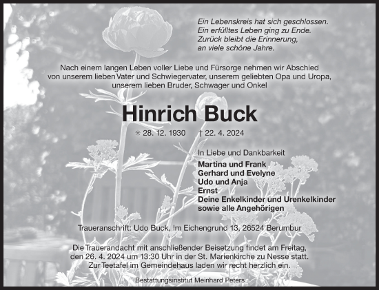 Traueranzeige von Hinrich Buck von Ostfriesischer Kurier GmbH