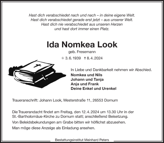 Traueranzeige von Ida Nomkea Look von Ostfriesischer Kurier GmbH