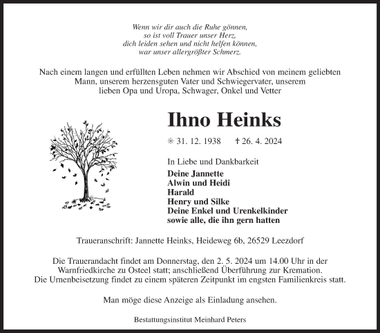 Traueranzeige von Ihno Heinks von Ostfriesischer Kurier GmbH