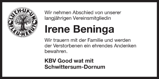 Traueranzeige von Irene Beninga von Ostfriesischer Kurier GmbH