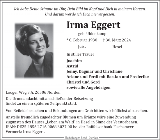 Traueranzeige von Irma Eggert von Ostfriesischer Kurier GmbH